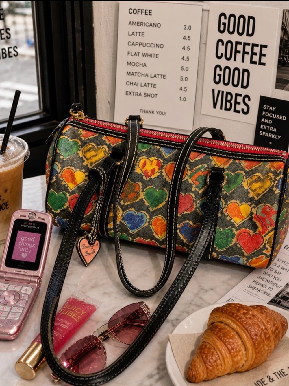 Dooney & Bourke Multicolor Heart Print Barrel Bag with Black Trim